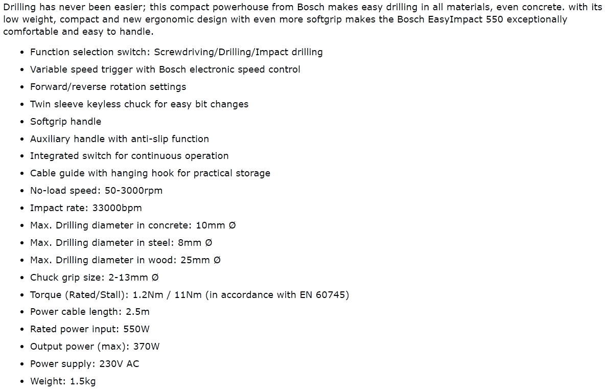מקדחה חשמלית בוש BOSCH EASYIMPACT 550 3165140840668